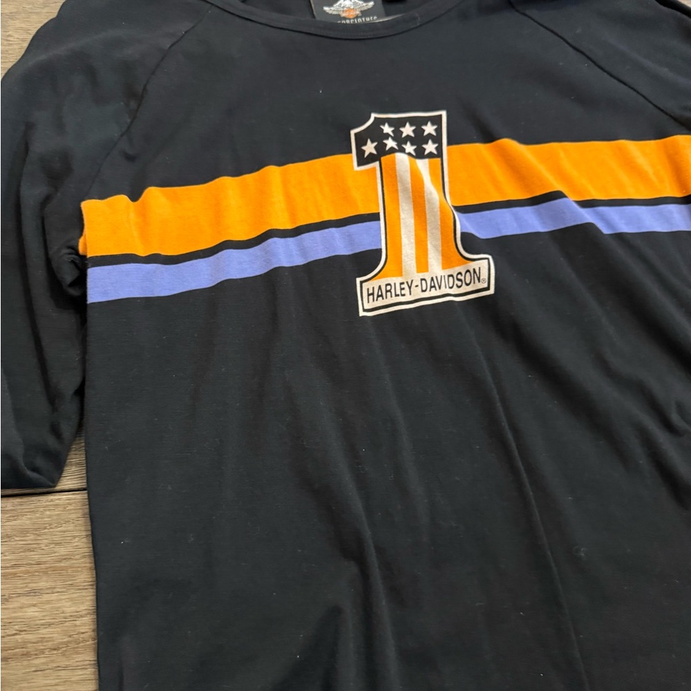 Harley-Davidson Women’s Black Tee with Orange and Blue Accents